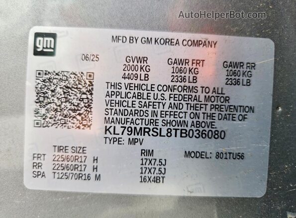 KL79MRSL8TB036080 2026 CHEVROLET TRAILBLAZER Серый Панорамный вид салона 360°