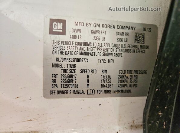 KL79MRSL9PB007774 2023 CHEVROLET TRAILBLAZER White Vista de la etiqueta del VIN