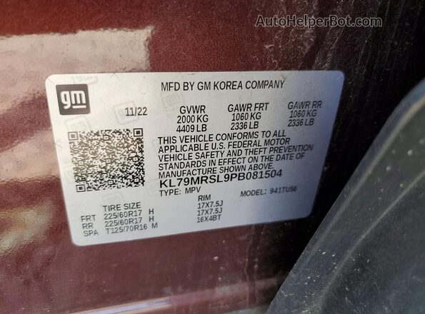 KL79MRSL9PB081504 2023 CHEVROLET TRAILBLAZER Maroon Вид наклейки з VIN-кодом