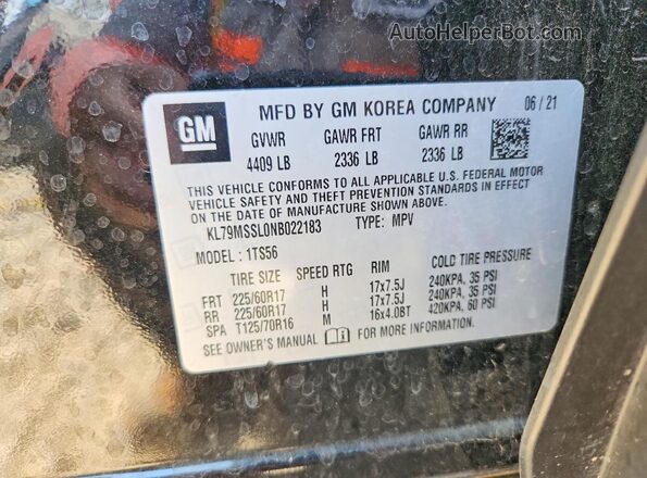 KL79MSSL0NB022183 2022 CHEVROLET TRAILBLAZER Черный Вид наклейки с VIN-кодом