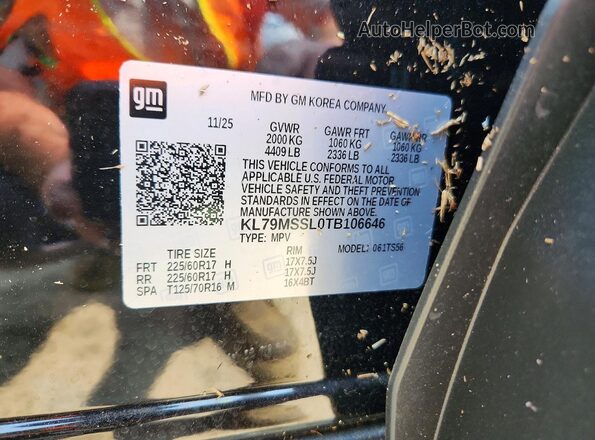 KL79MSSL0TB106646 2026 CHEVROLET TRAILBLAZER Black Widok naklejki z numerem VIN