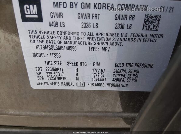 KL79MSSL3MB140596 2021 CHEVROLET TRAILBLAZER Brown Widok komory silnika