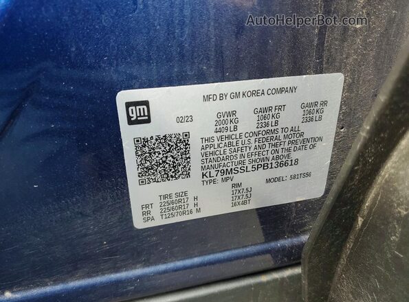 KL79MSSL5PB136618 2023 CHEVROLET TRAILBLAZER Blue VIN sticker view