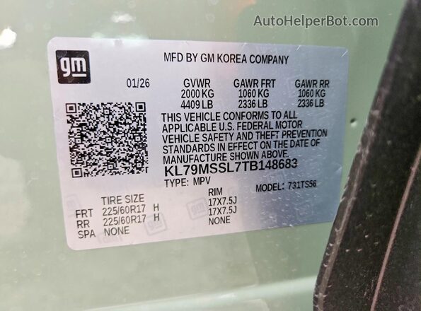 KL79MSSL7TB148683 2026 CHEVROLET TRAILBLAZER Green VIN կոդի պիտակի տեսք