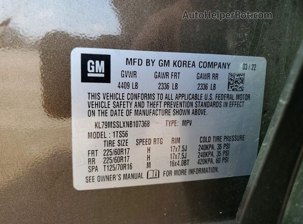 KL79MSSLXNB107368 2022 CHEVROLET TRAILBLAZER Brown Vista de la etiqueta del VIN