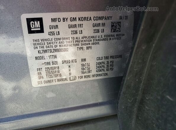 KL79MTSL2MB005082 2021 CHEVROLET TRAILBLAZER Серый Вид наклейки с VIN-кодом
