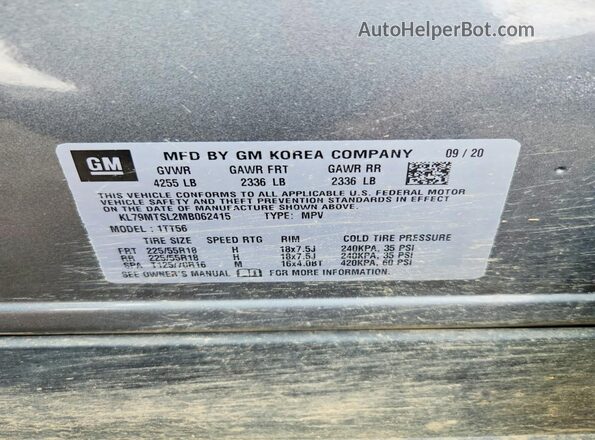 KL79MTSL2MB062415 2021 CHEVROLET TRAILBLAZER Gray Widok naklejki z numerem VIN