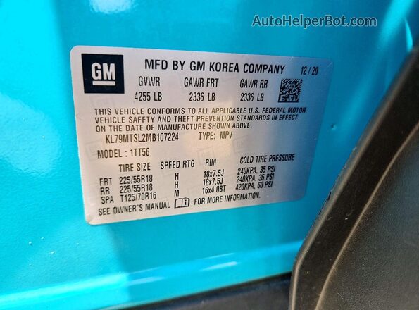 KL79MTSL2MB107224 2021 CHEVROLET TRAILBLAZER Turquoise Вид підкапотного простору