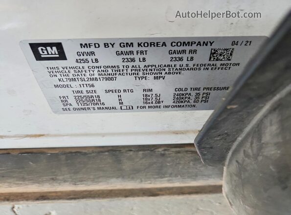 KL79MTSL2MB179007 2021 CHEVROLET TRAILBLAZER Белый Панорамный вид салона 360°