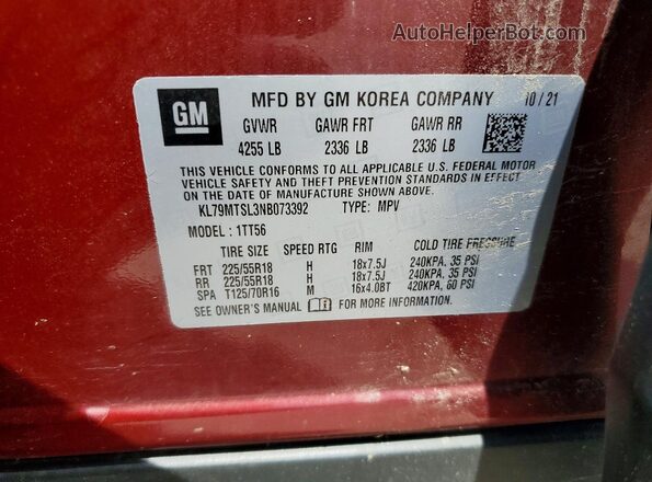 KL79MTSL3NB073392 2022 CHEVROLET TRAILBLAZER Красный Вид наклейки с VIN-кодом