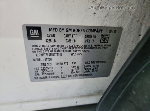 KL79MTSL4MB074145 2021 CHEVROLET TRAILBLAZER White VIN კოდის სტიკერის ხედი