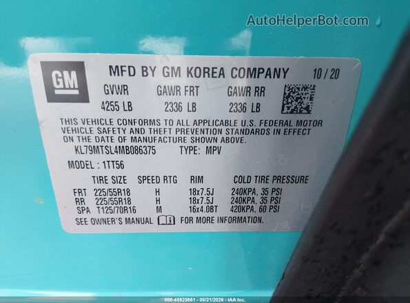 KL79MTSL4MB086375 2021 CHEVROLET TRAILBLAZER Teal Widok komory silnika