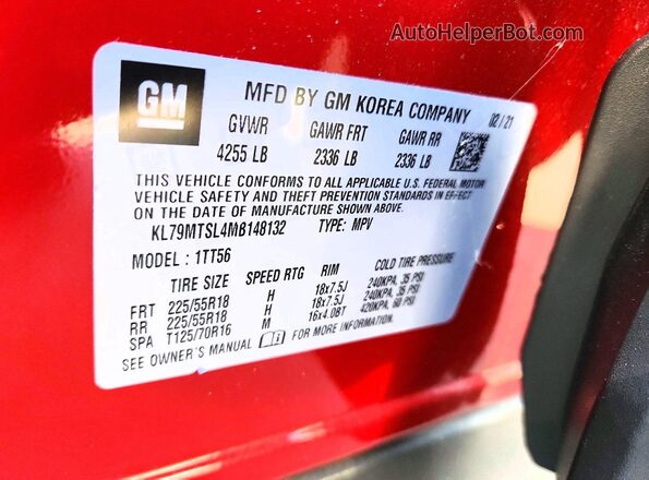 KL79MTSL4MB148132 2021 CHEVROLET TRAILBLAZER Red Vista de la etiqueta del VIN