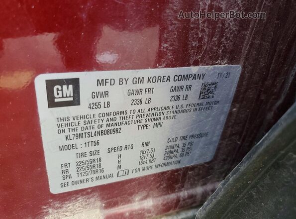 KL79MTSL4NB080982 2022 CHEVROLET TRAILBLAZER Burgundy VIN կոդի պիտակի տեսք