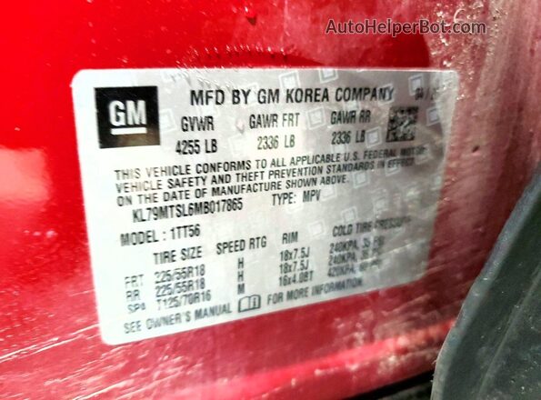 KL79MTSL6MB017865 2021 CHEVROLET TRAILBLAZER Red Widok naklejki z numerem VIN