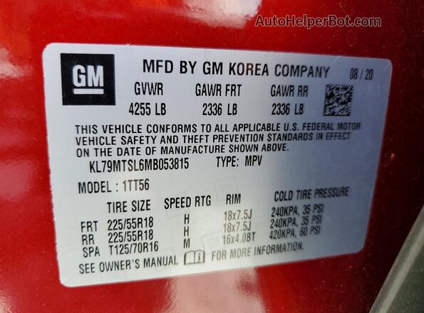 KL79MTSL6MB053815 2021 CHEVROLET TRAILBLAZER Red VIN sticker view