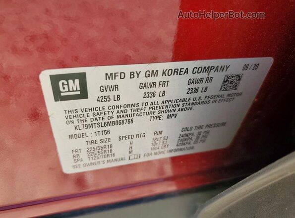 KL79MTSL6MB068766 2021 CHEVROLET TRAILBLAZER Red Vista de la etiqueta del VIN