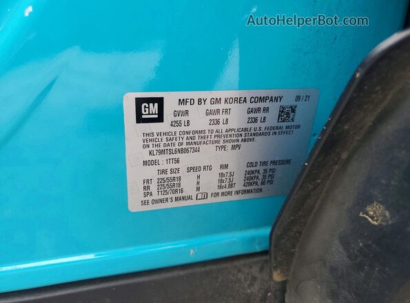 KL79MTSL6NB067344 2022 CHEVROLET TRAILBLAZER Turquoise Widok naklejki z numerem VIN