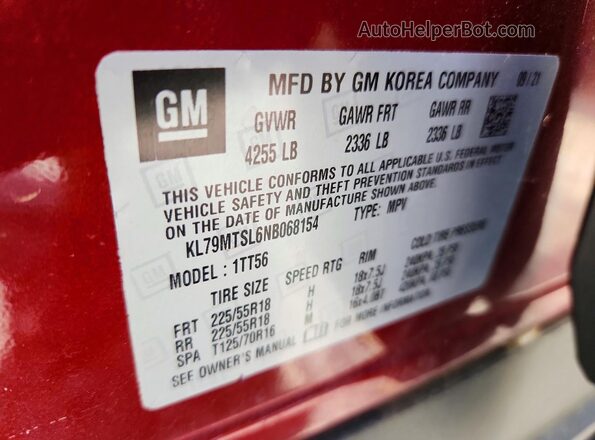 KL79MTSL6NB068154 2022 CHEVROLET TRAILBLAZER Burgundy VIN կոդի պիտակի տեսք