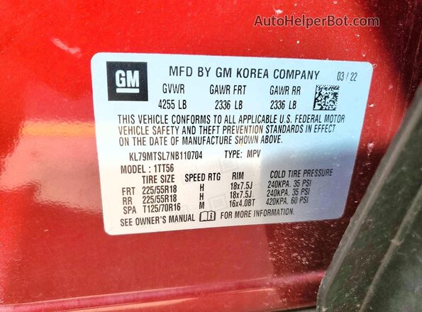 KL79MTSL7NB110704 2022 CHEVROLET TRAILBLAZER Maroon Widok wnętrza 360 stopni