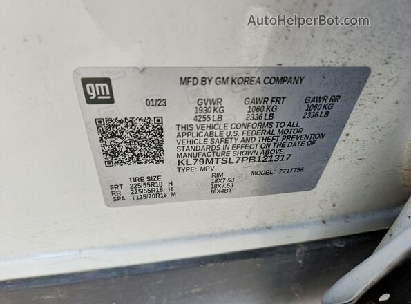 KL79MTSL7PB121317 2023 CHEVROLET TRAILBLAZER White Vista de la etiqueta del VIN
