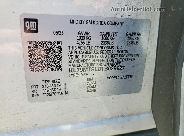 KL79MTSL8TB029627 2026 CHEVROLET TRAILBLAZER White Вид наклейки з VIN-кодом