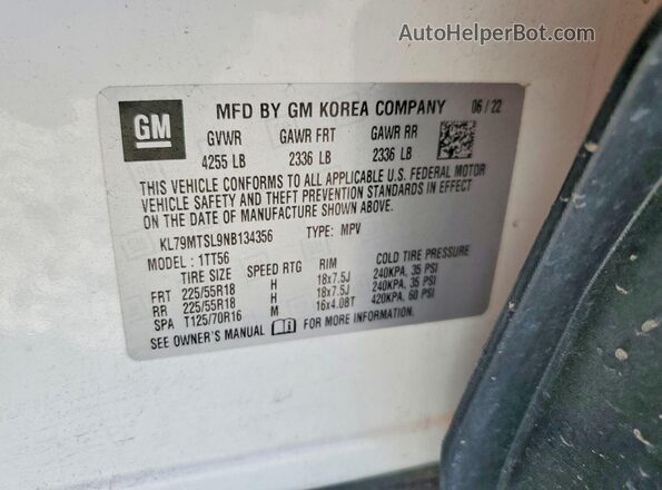KL79MTSL9NB134356 2022 CHEVROLET TRAILBLAZER White Vista interior de 360 grados