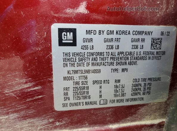 KL79MTSL9NB140559 2022 CHEVROLET TRAILBLAZER Burgundy Widok naklejki z numerem VIN