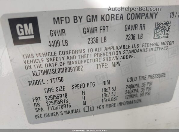 KL79MUSL0MB091062 2021 CHEVROLET TRAILBLAZER White ძრავის განყოფილების ხედი