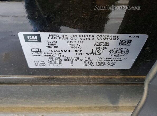 KL79MUSL0NB042901 2022 CHEVROLET TRAILBLAZER Черный Вид наклейки с VIN-кодом