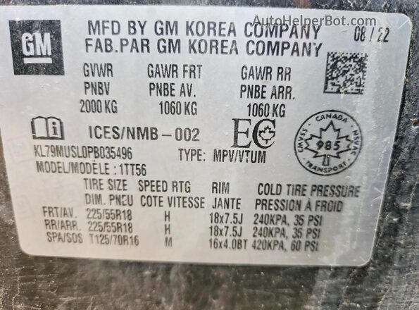KL79MUSL0PB035496 2023 CHEVROLET TRAILBLAZER Black Widok naklejki z numerem VIN