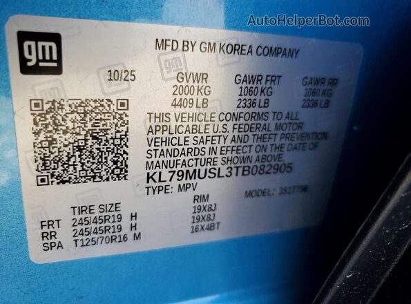 KL79MUSL3TB082905 2026 CHEVROLET TRAILBLAZER Blue Widok naklejki z numerem VIN