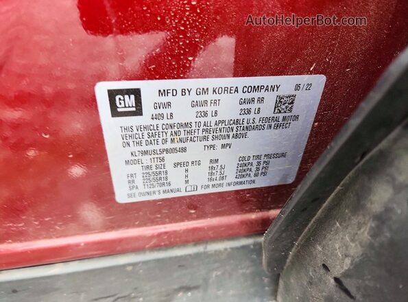 KL79MUSL5PB005488 2023 CHEVROLET TRAILBLAZER Red VIN sticker view