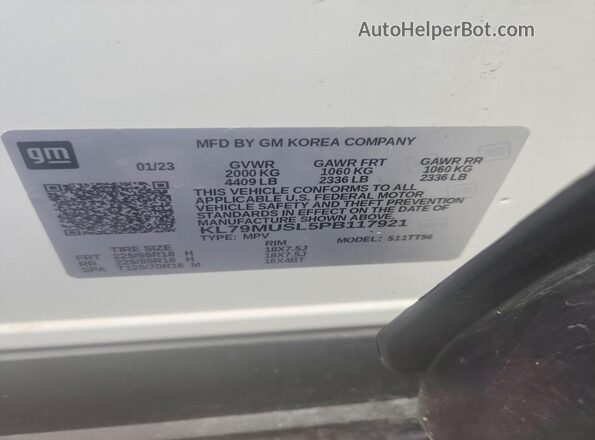 KL79MUSL5PB117921 2023 CHEVROLET TRAILBLAZER White VIN კოდის სტიკერის ხედი