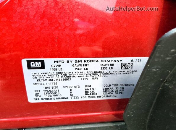 KL79MUSL7MB136921 2021 CHEVROLET TRAILBLAZER Red VIN կոդի պիտակի տեսք