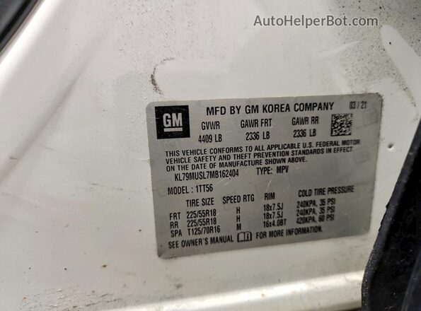 KL79MUSL7MB162404 2021 CHEVROLET TRAILBLAZER White Widok naklejki z numerem VIN