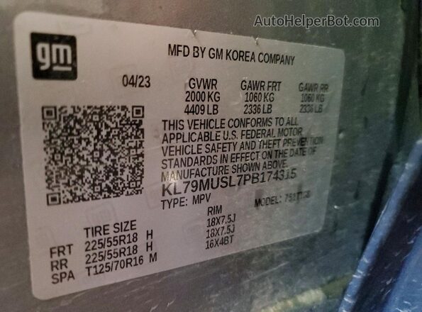 KL79MUSL7PB174315 2023 CHEVROLET TRAILBLAZER Gray Панорамний вид салону 360°