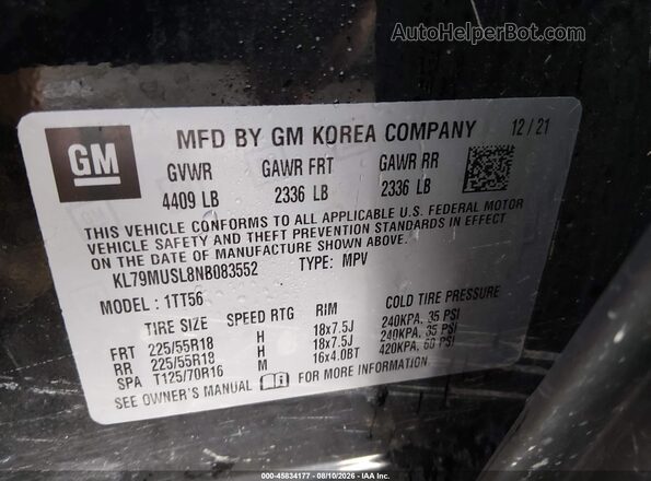 KL79MUSL8NB083552 2022 CHEVROLET TRAILBLAZER Black Вид підкапотного простору