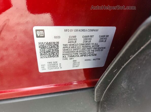 KL79MUSL8PB142506 2023 CHEVROLET TRAILBLAZER Красный Вид наклейки с VIN-кодом