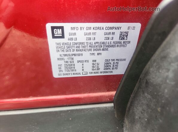 KL79MUSL9PB015019 2023 CHEVROLET TRAILBLAZER Red Вид наклейки з VIN-кодом