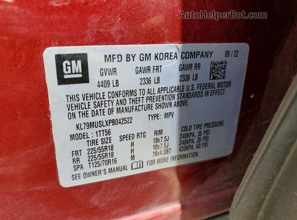KL79MUSLXPB042522 2023 CHEVROLET TRAILBLAZER Бордовый Вид наклейки с VIN-кодом
