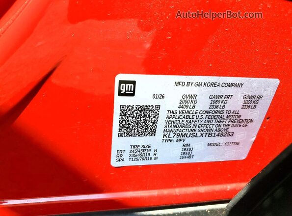KL79MUSLXTB148253 2026 CHEVROLET TRAILBLAZER Red VIN კოდის სტიკერის ხედი