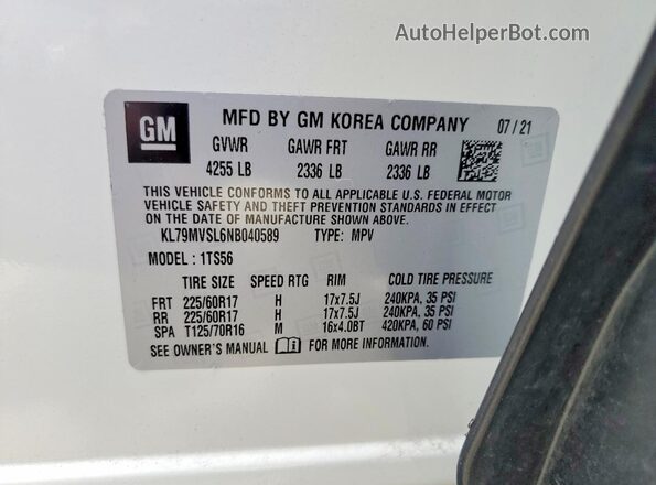 KL79MVSL6NB040589 2022 CHEVROLET TRAILBLAZER Белый Панорамный вид салона 360°