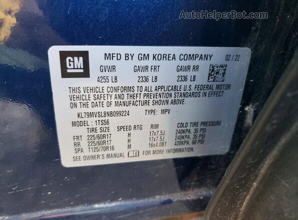 KL79MVSL8NB099224 2022 CHEVROLET TRAILBLAZER Blue Շարժիչի բաժամունքի տեսք