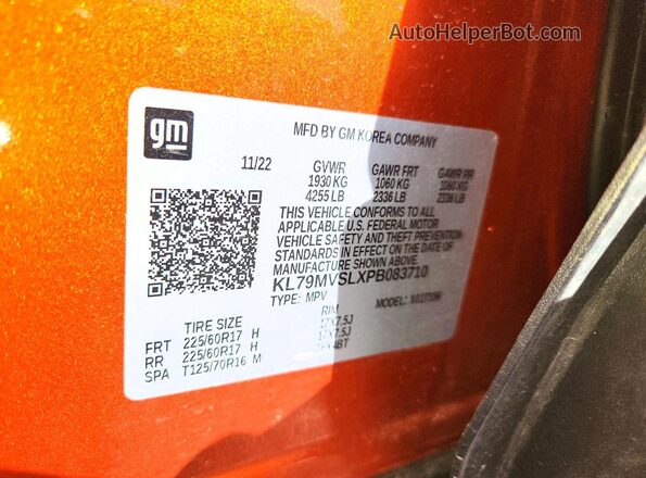 KL79MVSLXPB083710 2023 CHEVROLET TRAILBLAZER Orange Vista de la etiqueta del VIN