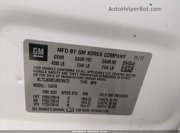 KL7CJKSB1JB576672 2018 CHEVROLET TRAX White ძრავის განყოფილების ხედი