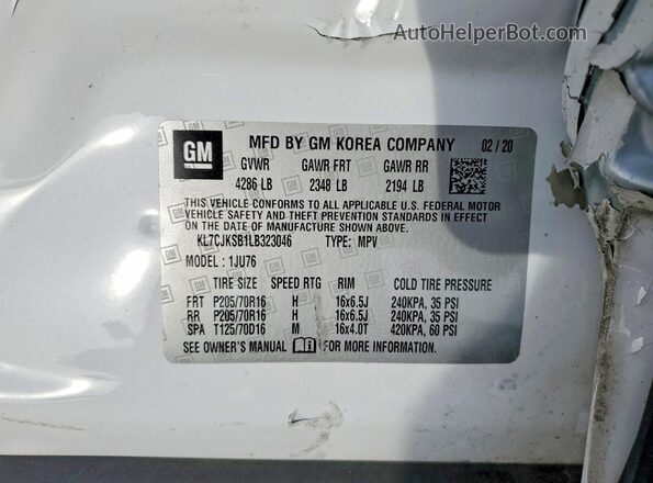 KL7CJKSB1LB323046 2020 CHEVROLET TRAX Белый Панорамный вид салона 360°