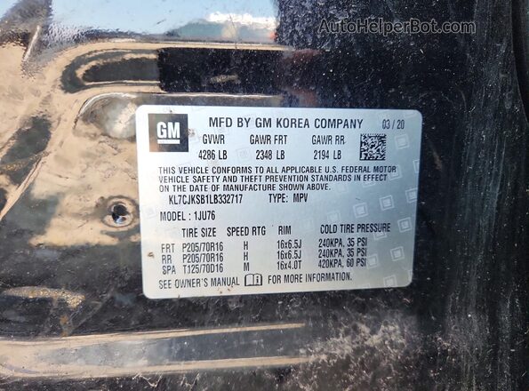 KL7CJKSB1LB332717 2020 CHEVROLET TRAX Черный Вид наклейки с VIN-кодом
