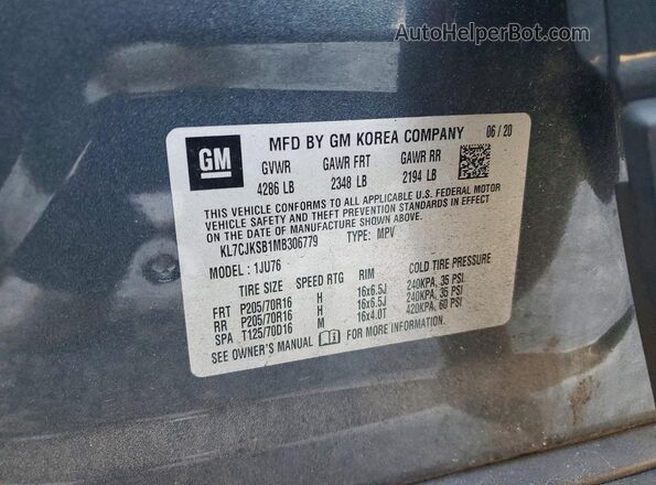 KL7CJKSB1MB306779 2021 CHEVROLET TRAX Gray Vista de la etiqueta del VIN