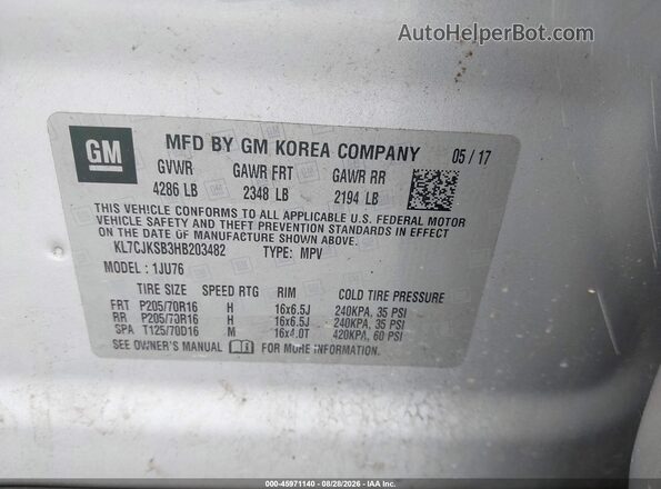 KL7CJKSB3HB203482 2017 CHEVROLET TRAX Silver Vista del compartimento del motor